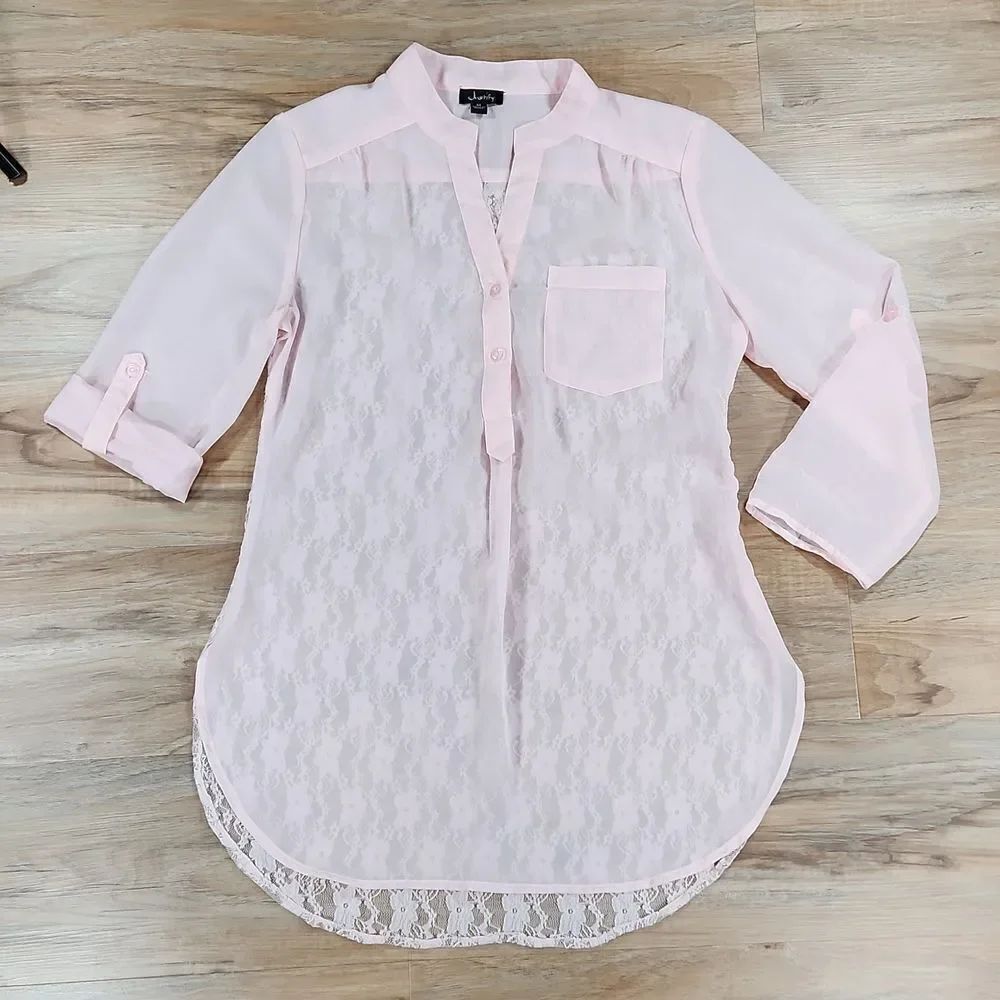 💜Justify Pink Semi-Sheer & Lace Adjustable Sleeve Top Medium
